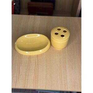 Vintage Butter Yellow Ceramic Toothbrush Holder and Soap Dish Bathroom Set